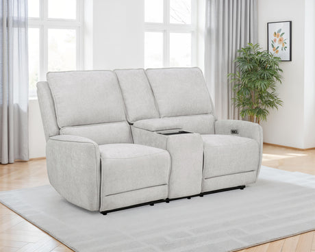 Sylmar Power Reclining Sofa, Loveseat & Recliner - Dove Grey Chenille with Push-Button Recline - lifestyle