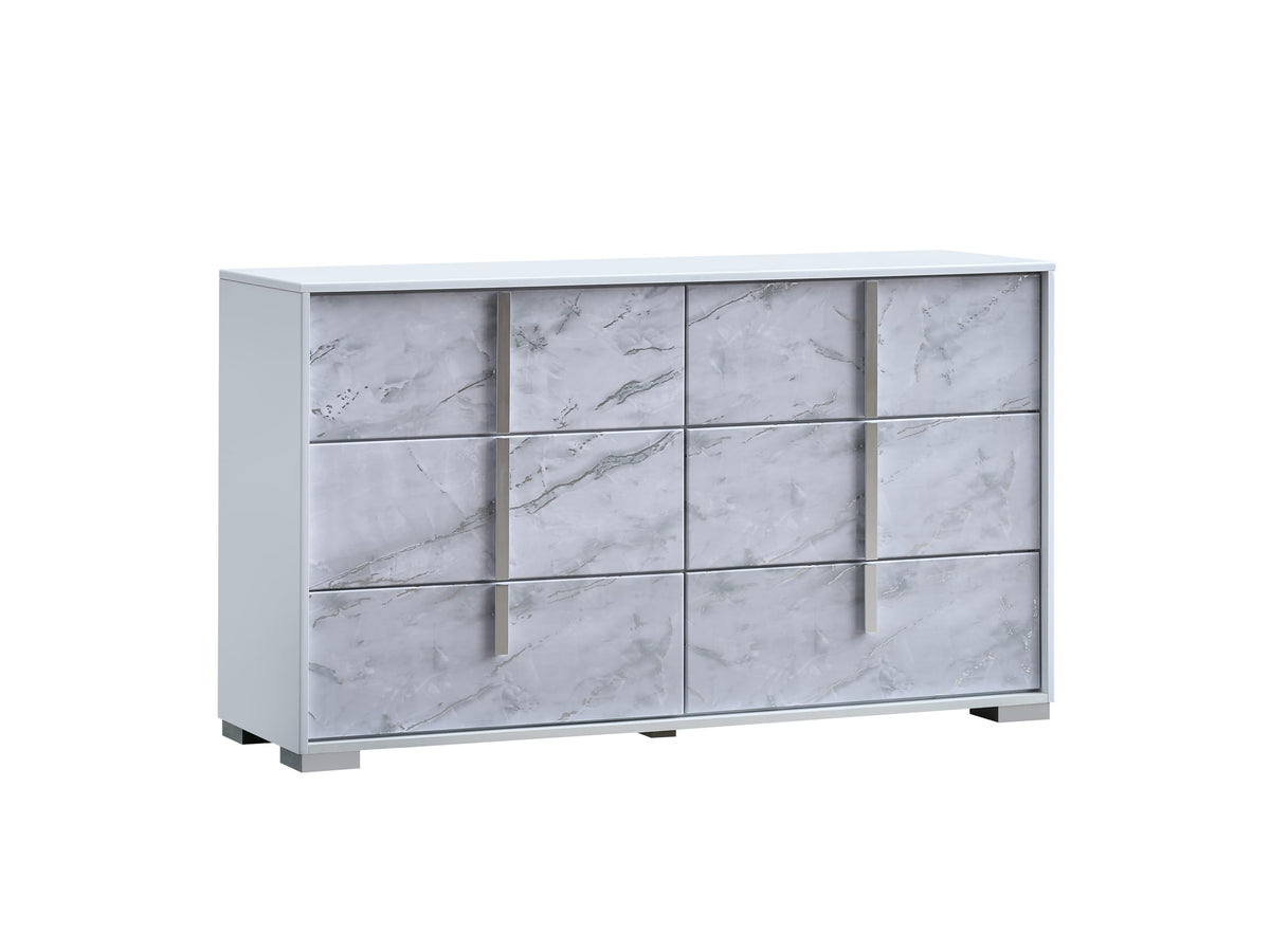Luna 55.5" Wide 6-Drawer Double Dresser, White Lacquered Gloss