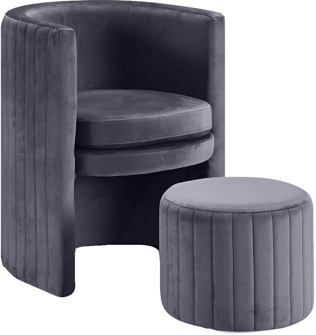 Seager Gray Velvet Round Arm Chair with Ottoman