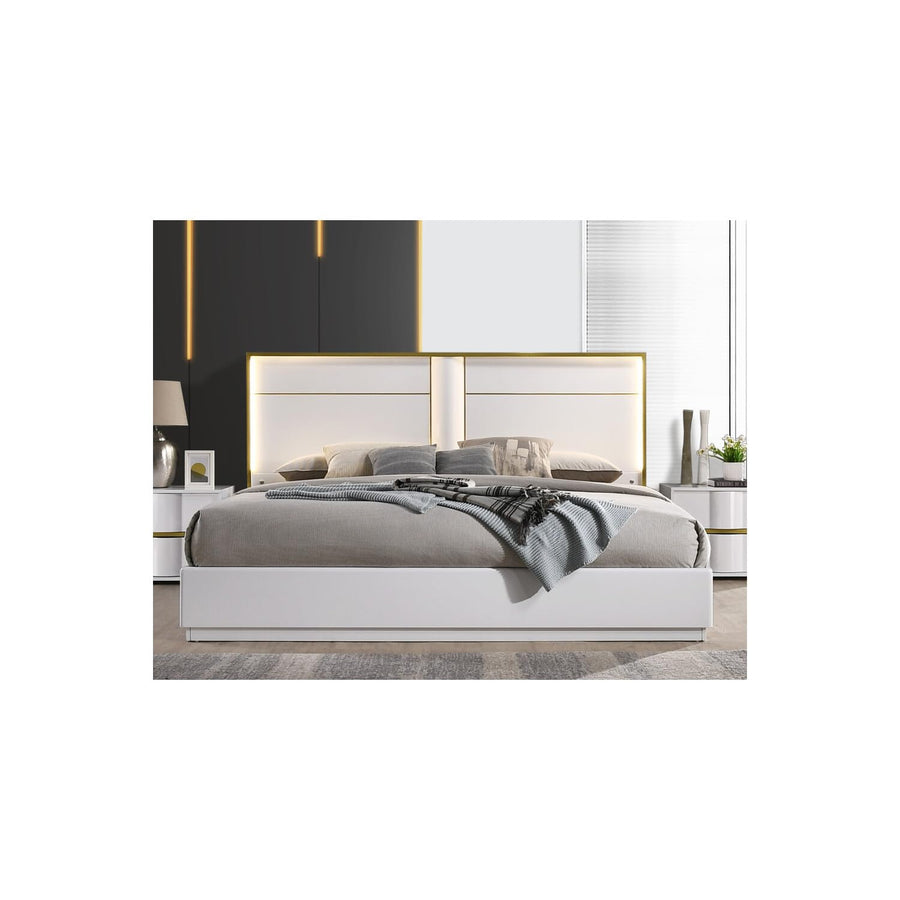 Havana Poplar Wood California King Platform Bed in White with Gold Trim in Multi Color