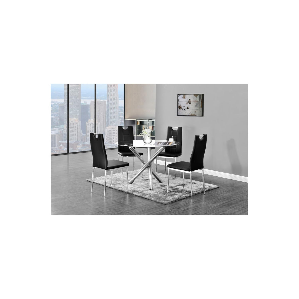 Trevi 5-Piece Round Glass Top Modern Dining Set, Contemporary Dining Table for Kitchen in Black - front view - Black