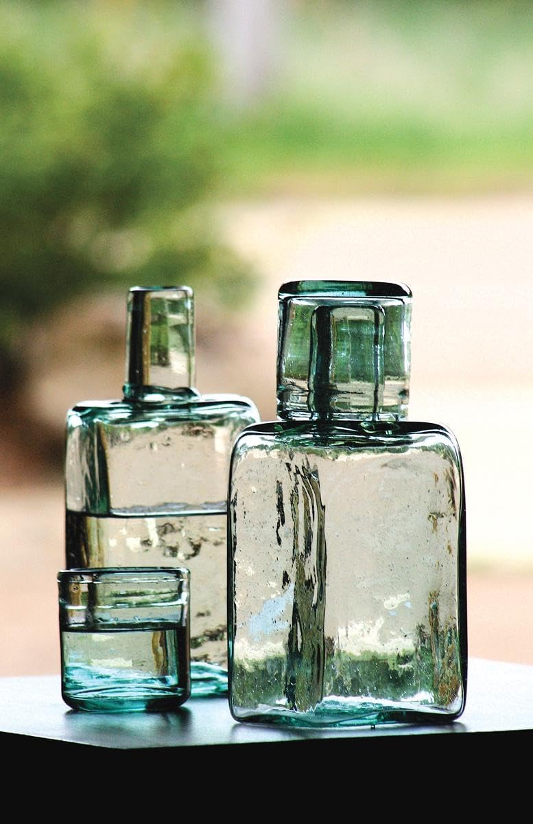 Hand-Blown Recycled Glass Bedside Carafe with Drinking Glass Lid - Square Green-Tinted Water Set