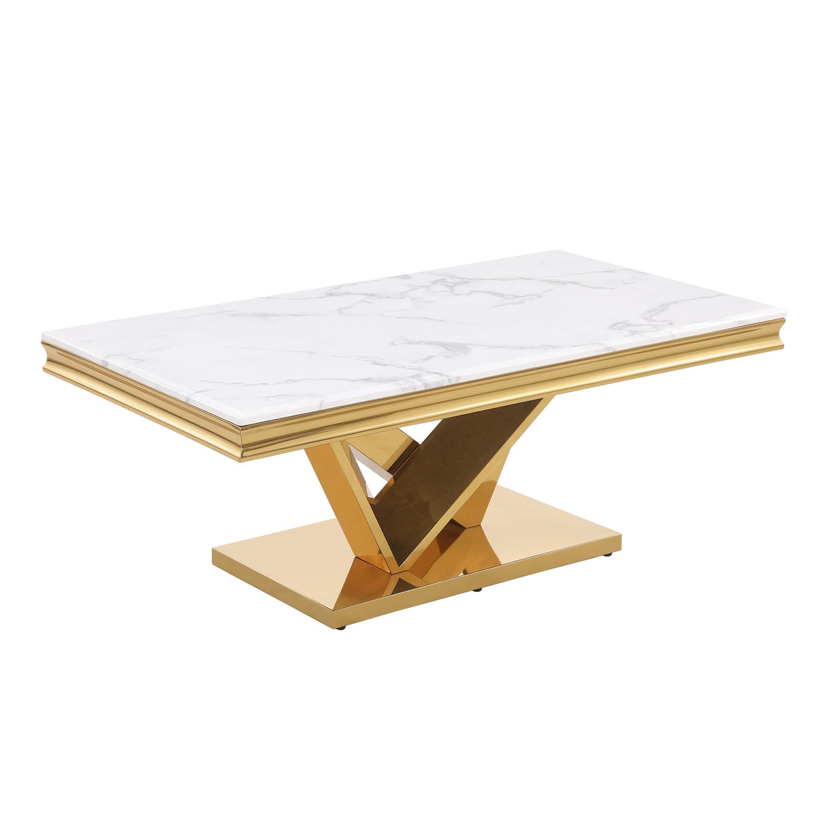 Thiago Contemporary White Rectangular Stone Coffee Table in Gold