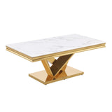 Thiago Contemporary White Rectangular Stone Coffee Table in Gold
