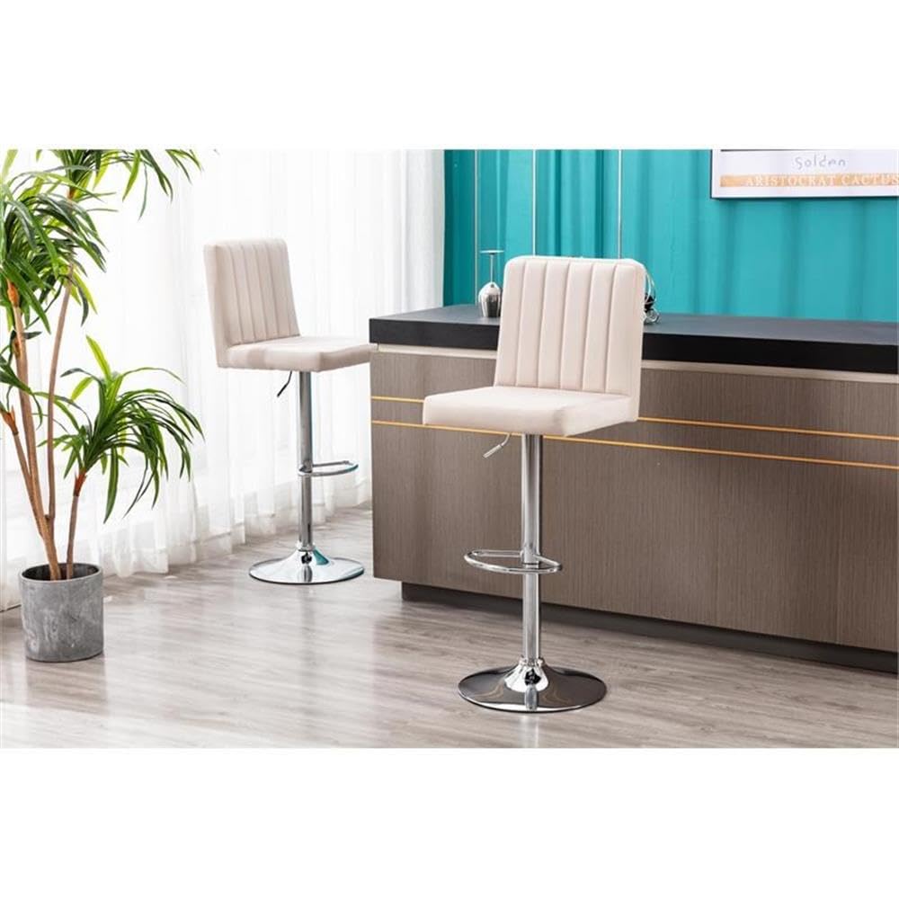 Yorkie Velvet Upholstered Modern Swivel Bar Stool in Beige - front view