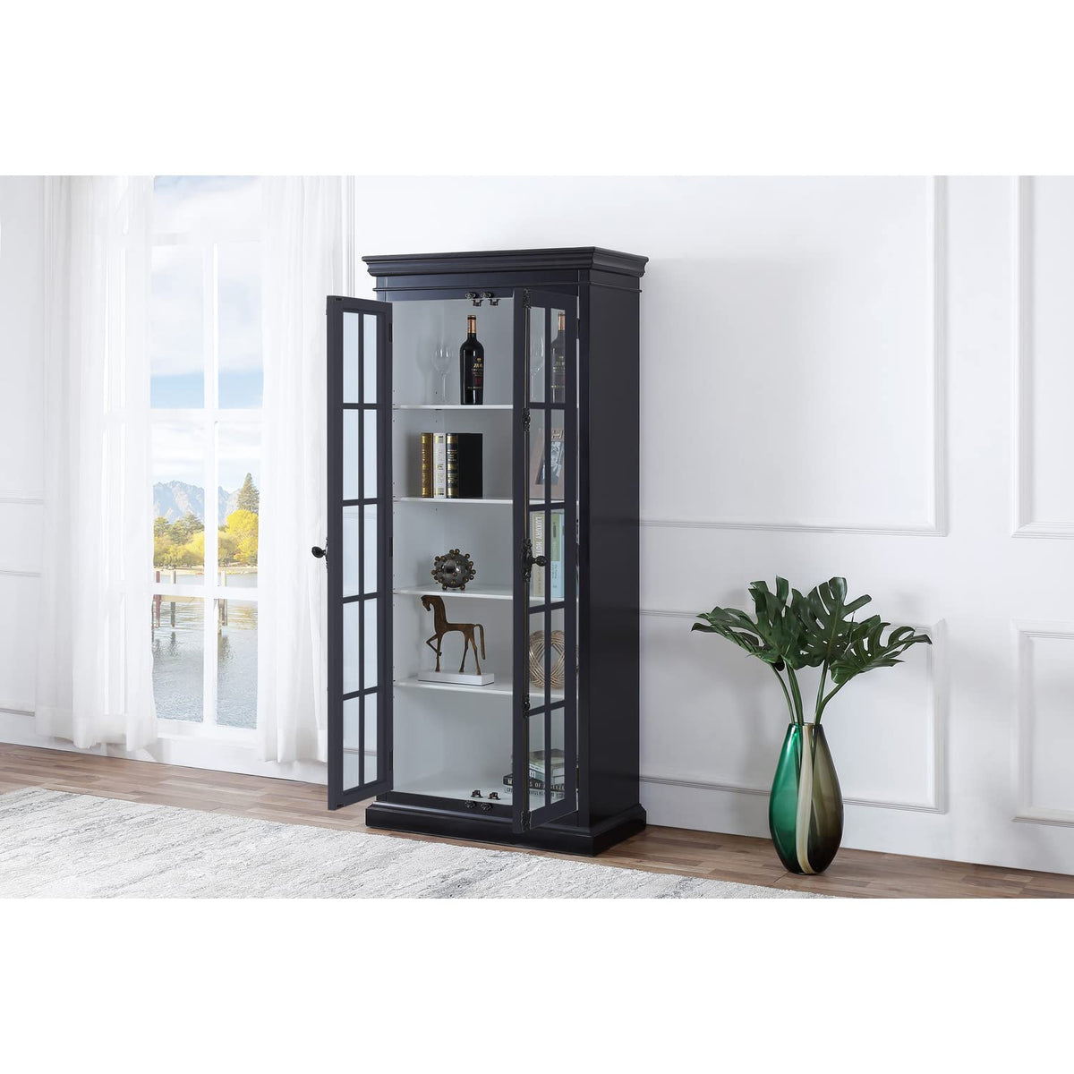 Lucinda 75" Tall Bookshelf Cabinet with Dual Glass Door Display - front view
