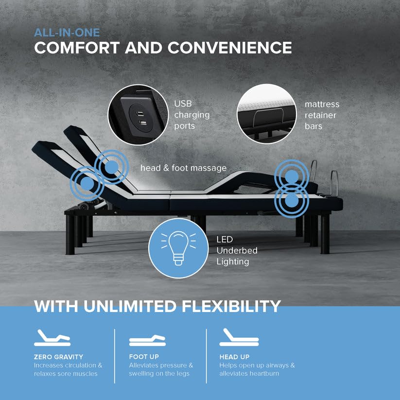 Premium Massage Adjustable Bed Base with USB Ports & Underbed Lighting – image 4