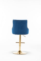 Brightcast 2-Piece Velvet Tufted Gold Bar Stools in Blue - angle view