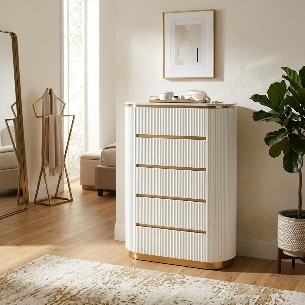 Trandell 51" High Modern Glam Faux Marble Top 5-Drawer Chest - side view