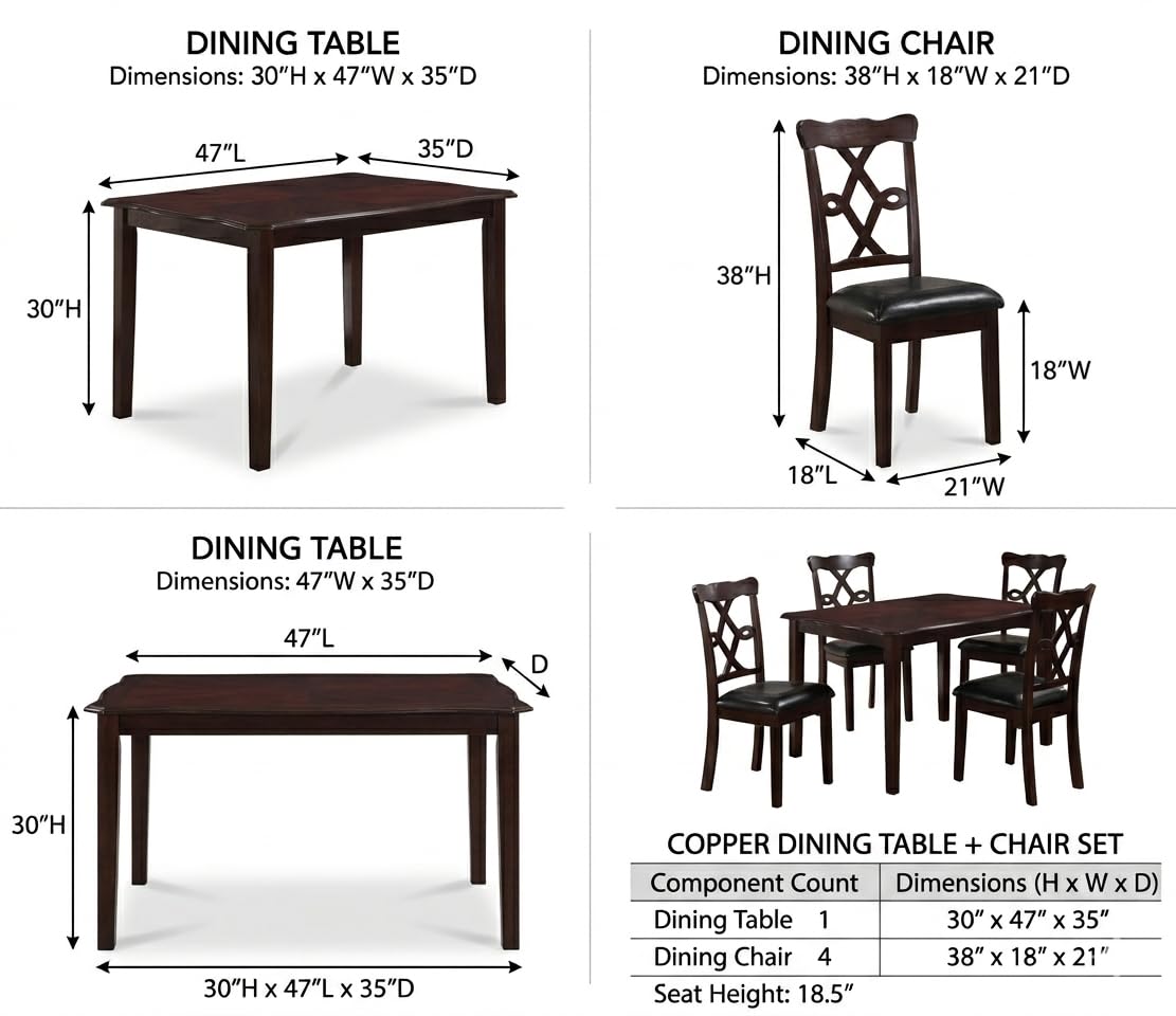 Copper 5-Piece Espresso Dining Set with 4 Upholstered Chairs — dimensions