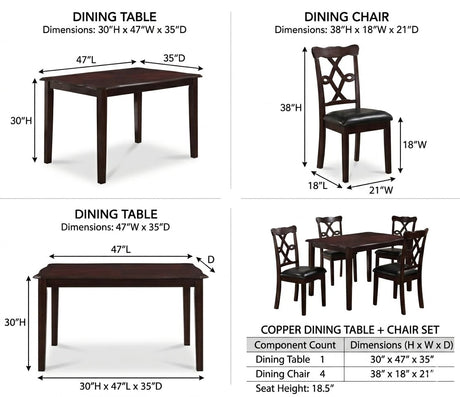 Copper 5-Piece Espresso Dining Set with 4 Upholstered Chairs — dimensions