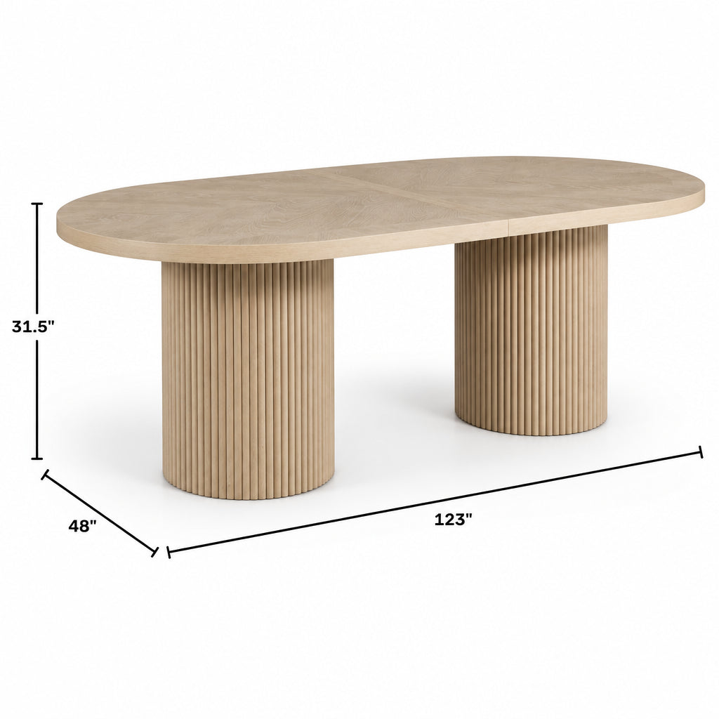 An oval wood dining table with two fluted pedestal legs, shown with dimension lines and labels indicating 123 inches length, 48 inches width, and 31.5 inches height.