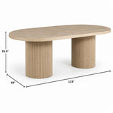 An oval wood dining table with two fluted pedestal legs, shown with dimension lines and labels indicating 123 inches length, 48 inches width, and 31.5 inches height.