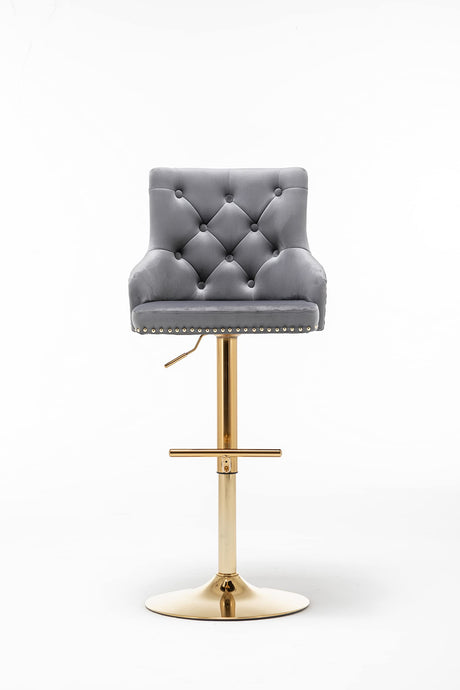 Brightcast 2-Piece Velvet Tufted Gold Bar Stools in Dark Gray - angle view