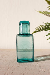 Hand-Blown Recycled Glass Bedside Carafe with Drinking Glass Lid - Square Green-Tinted Water Set