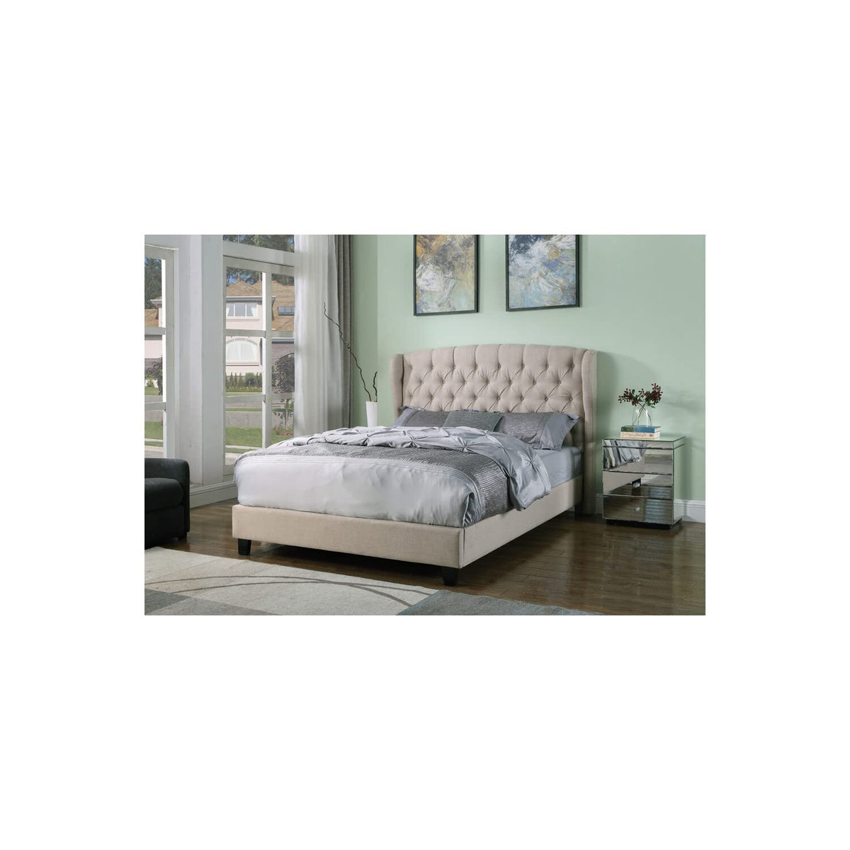 Yvette Tufted Wingback Platform Bed in Beige