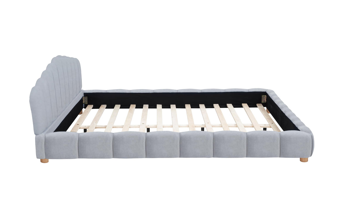 Ctera Queen Velvet Bed Frame with 30" Shell-Shaped Headboard, Low Profile in Light Grey - angle view