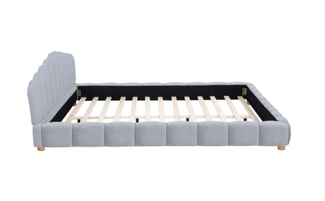 Ctera Queen Velvet Bed Frame with 30" Shell-Shaped Headboard, Low Profile in Light Grey - angle view