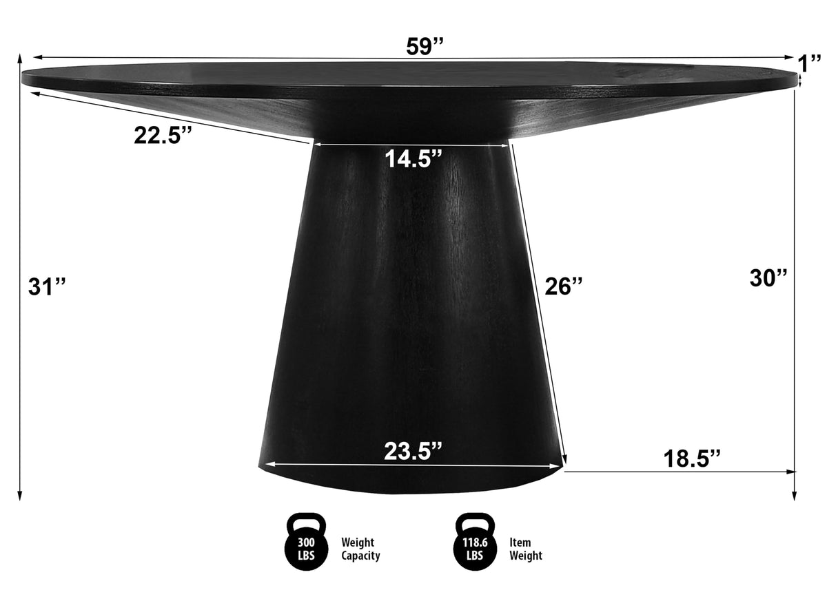 Terra 59" Transitional Round Dining Table with Pedestal Base in Ebony Black - side view