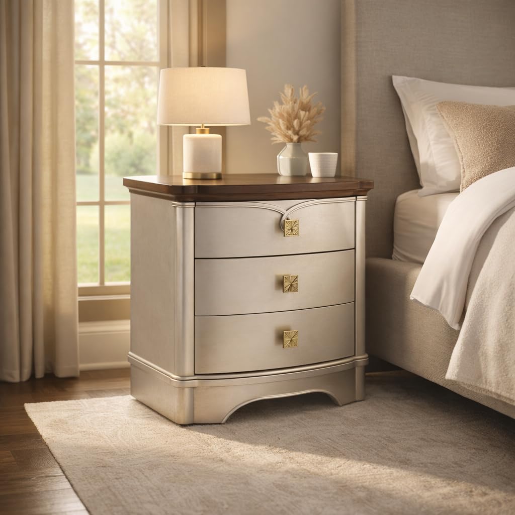 Rose 3-Drawer Wood Nightstand in Soft Champagne — styled product view