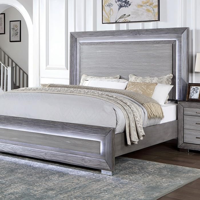 Raiden Queen Bedroom Set with Integrated LED Lighting and USB Charging - Transitional & Brushed Gray Finish