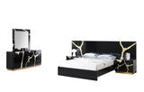Trevello 5-Piece Modern High Gloss Lacquered Bedroom Set, California King Bed Frame in Black/Gold