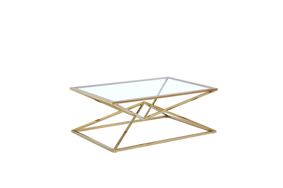 Emerson 47" Rectangle Coffee Table with Clear Glass Top and Geometric Base - Modern Glam in Gold