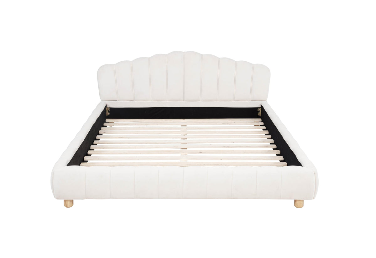 Ctera Queen Velvet Bed Frame with 30" Shell-Shaped Headboard, Low Profile in Cream - detail view
