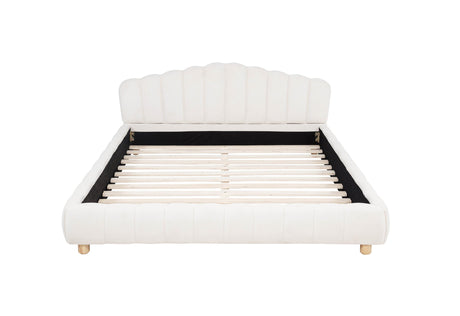 Ctera Queen Velvet Bed Frame with 30" Shell-Shaped Headboard, Low Profile in Cream - detail view