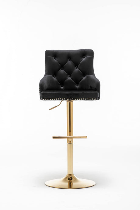 Brightcast 2-Piece Velvet Tufted Gold Bar Stools in Black - close-up