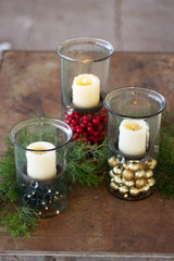 10-Inch Glass Hurricane Pillar Candle Holder with Rustic Metal Insert for Table Centerpieces