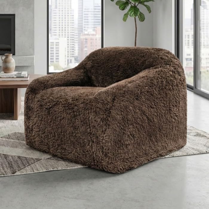 Vander Boneless Barrel Accent Chair in Cub Brown Faux Fur - Contemporary Plush Lounge Chair