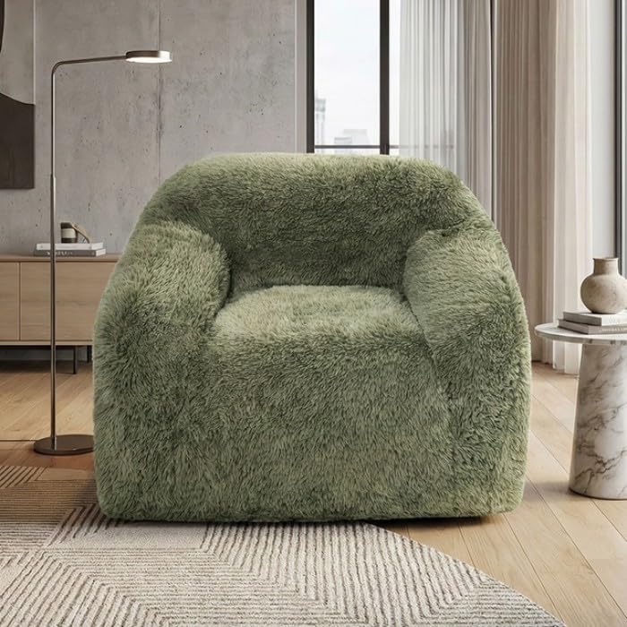 Vander Boneless Barrel Accent Chair in Sage Green Faux Fur - Contemporary Plush Lounge Chair