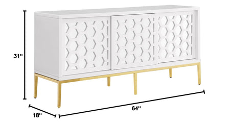 Teodoro Contemporary Lacquer Sideboard with Storage, Polished Gold Legs in White - side view