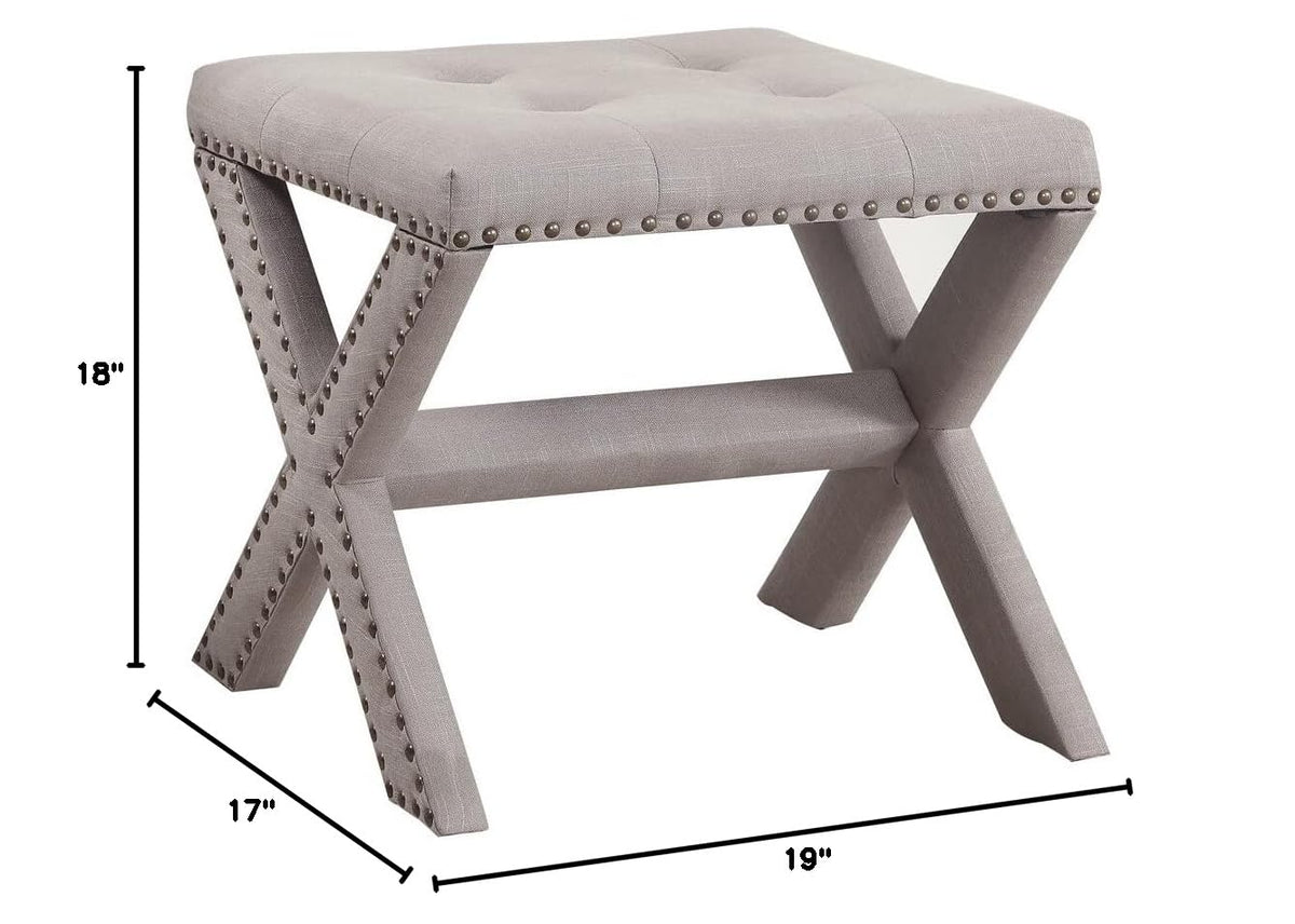 Sasha Linen Blend Small Accent Bench with Nailhead Trim in Grey - side view