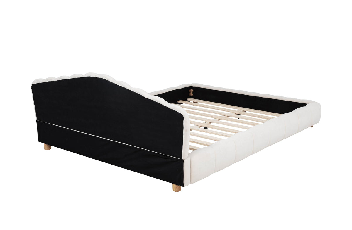 Ctera Queen Velvet Bed Frame with 30" Shell-Shaped Headboard, Low Profile in Cream - room setting