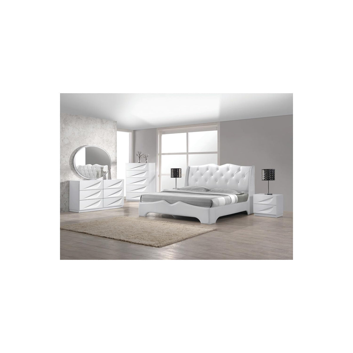 5 Pcs Modern Lacquer Bedroom Set, California King in White - front view
