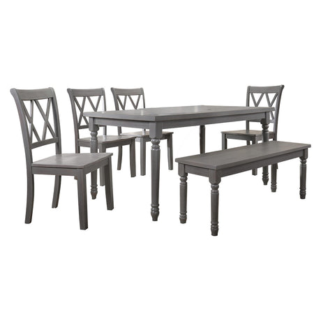 Paige Transitional Wood Frame 6 Pcs Dining Set with Bench in Rustic Grey - front view