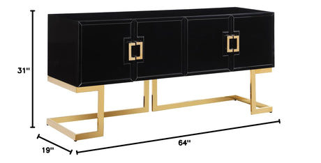 Tommy Contemporary High Gloss Lacquer Sideboard/Buffet with Gold Handles in Black - side view