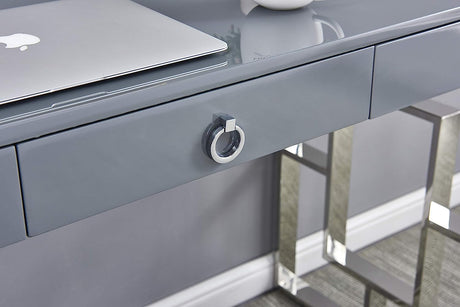 Grey Modern Computer Office Desk with Lacquered Grey Top, Silver Base & 3 Storage Drawers - detail view