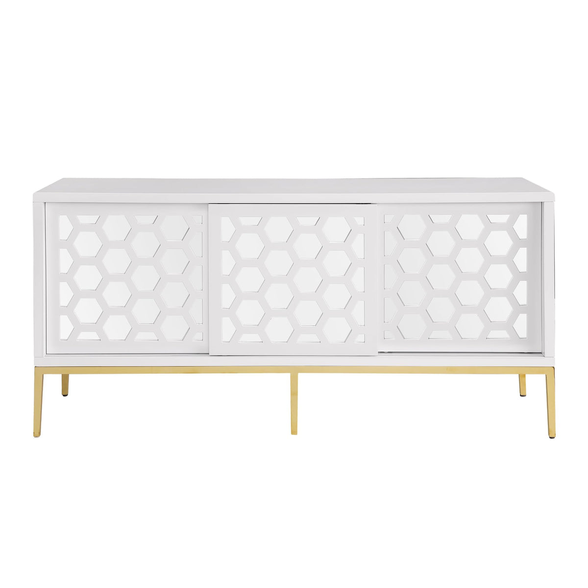 Teodoro Contemporary Lacquer Sideboard with Storage, Polished Gold Legs in White - detail view