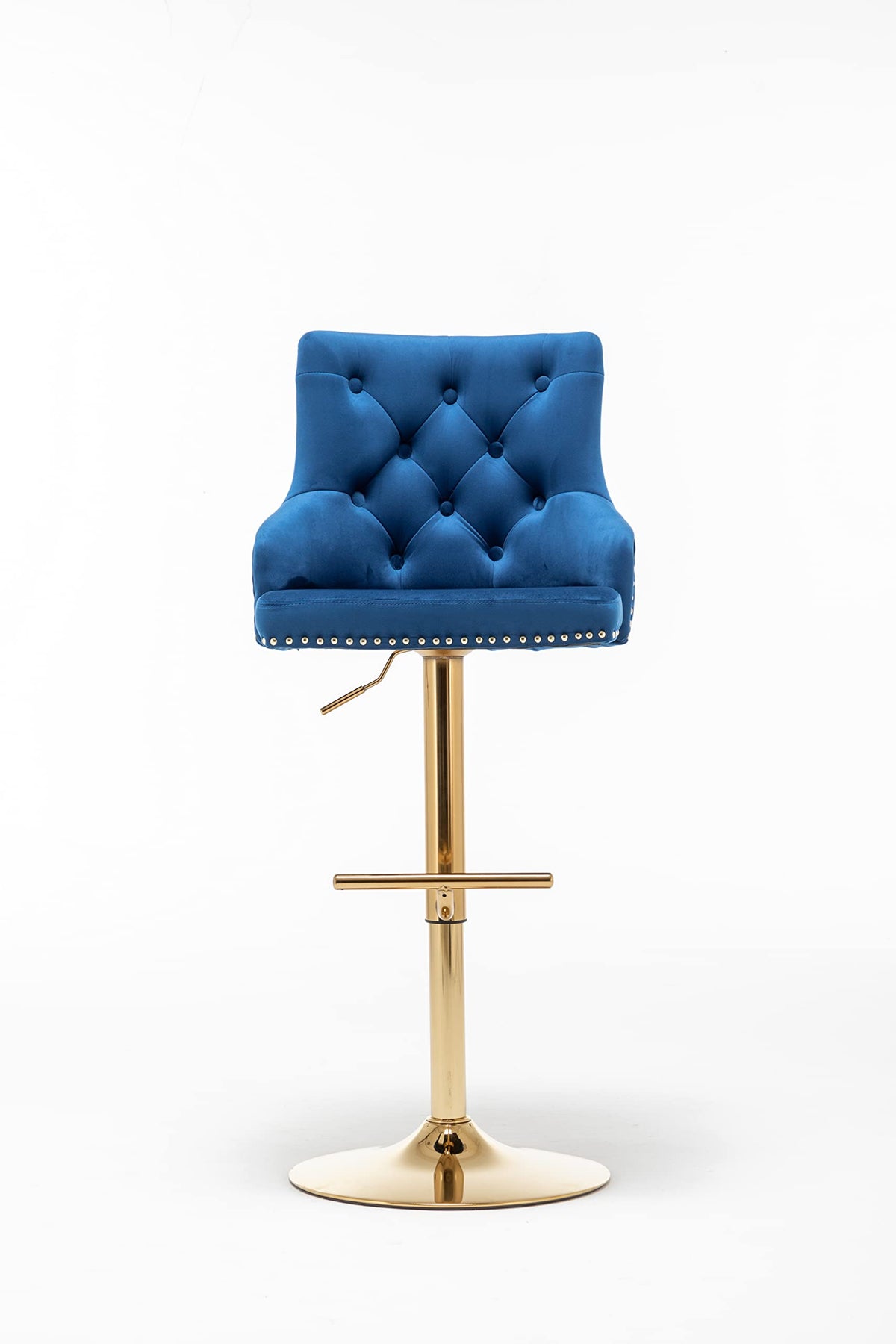 Brightcast 2-Piece Velvet Tufted Gold Bar Stools in Blue - close-up