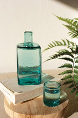 Hand-Blown Recycled Glass Bedside Carafe with Drinking Glass Lid - Square Green-Tinted Water Set