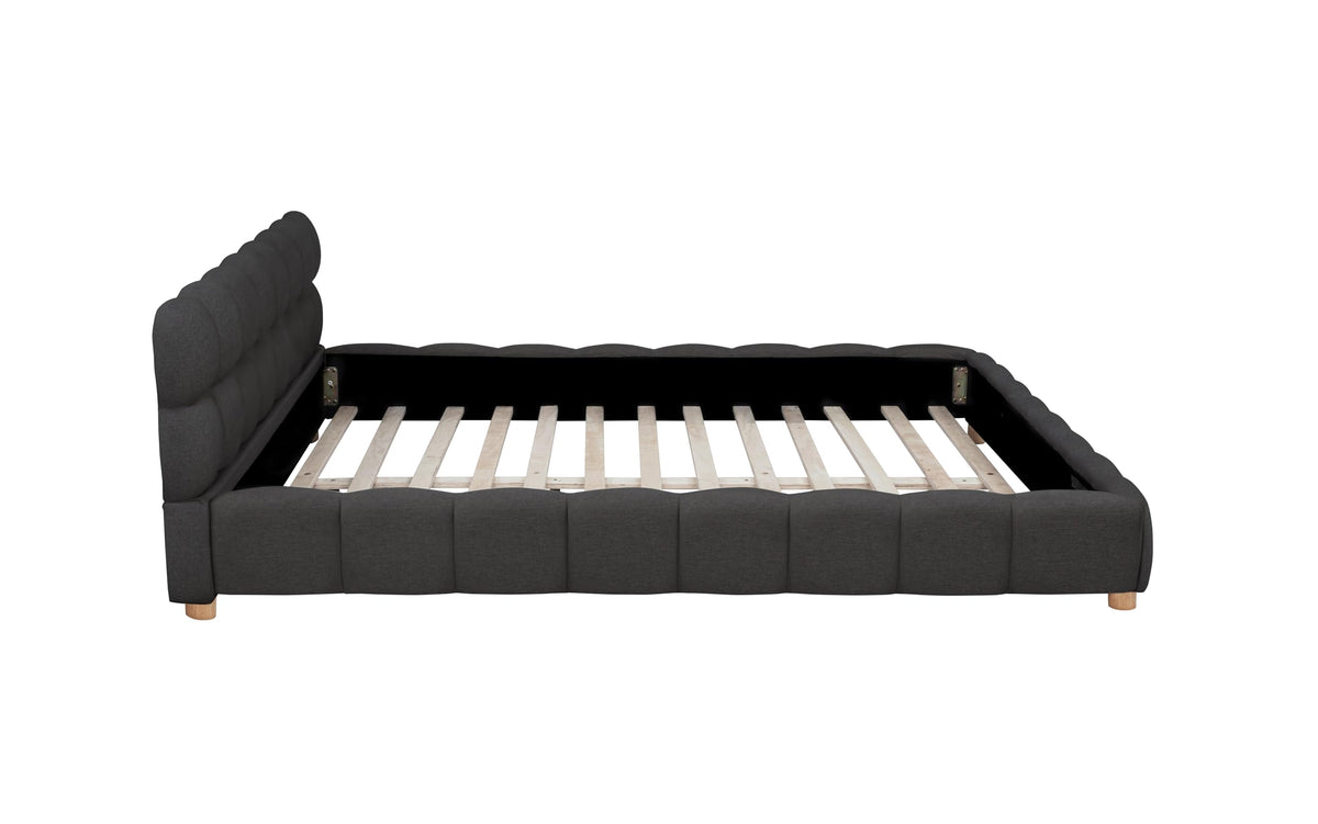 Ctoria Queen Burlap Bed Frame with 30" Curved Block-Style Headboard, Low Profile in Grey - angle view