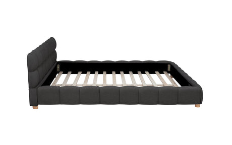 Ctoria Queen Burlap Bed Frame with 30" Curved Block-Style Headboard, Low Profile in Grey - angle view