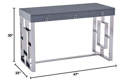 Grey Modern Computer Office Desk with Lacquered Grey Top, Silver Base & 3 Storage Drawers - side view