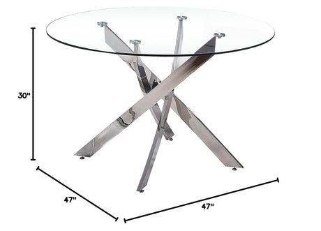 Mirage Top Mid-Century Modern Round Glass Dining Table Only in Stainless Steel - side view
