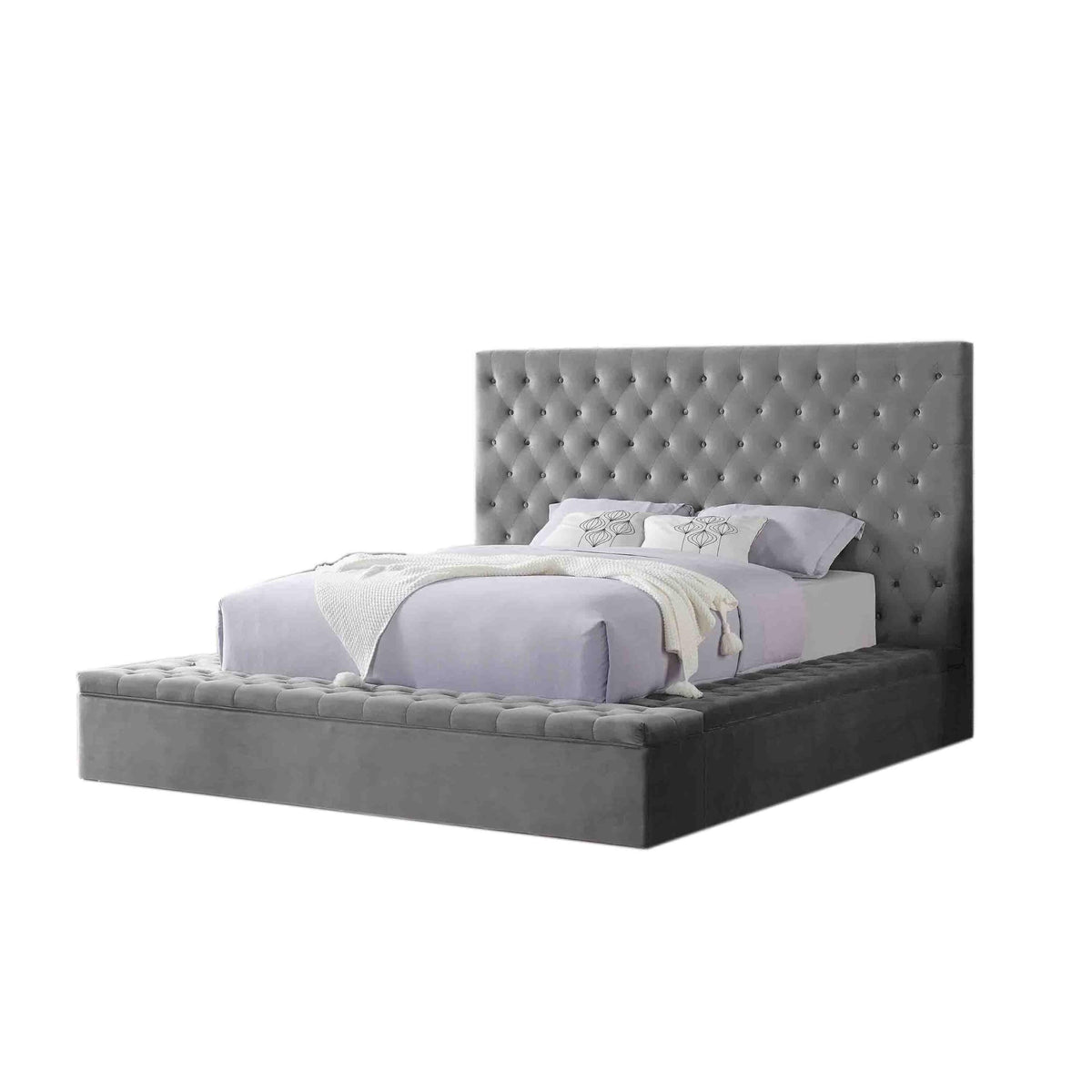 Yumi Upholstered Velvet Low Profile Platform Bed, King, Gray - side view