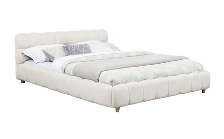 Ctoria Queen Burlap Bed Frame with 30" Curved Block-Style Headboard, Low Profile in Cream