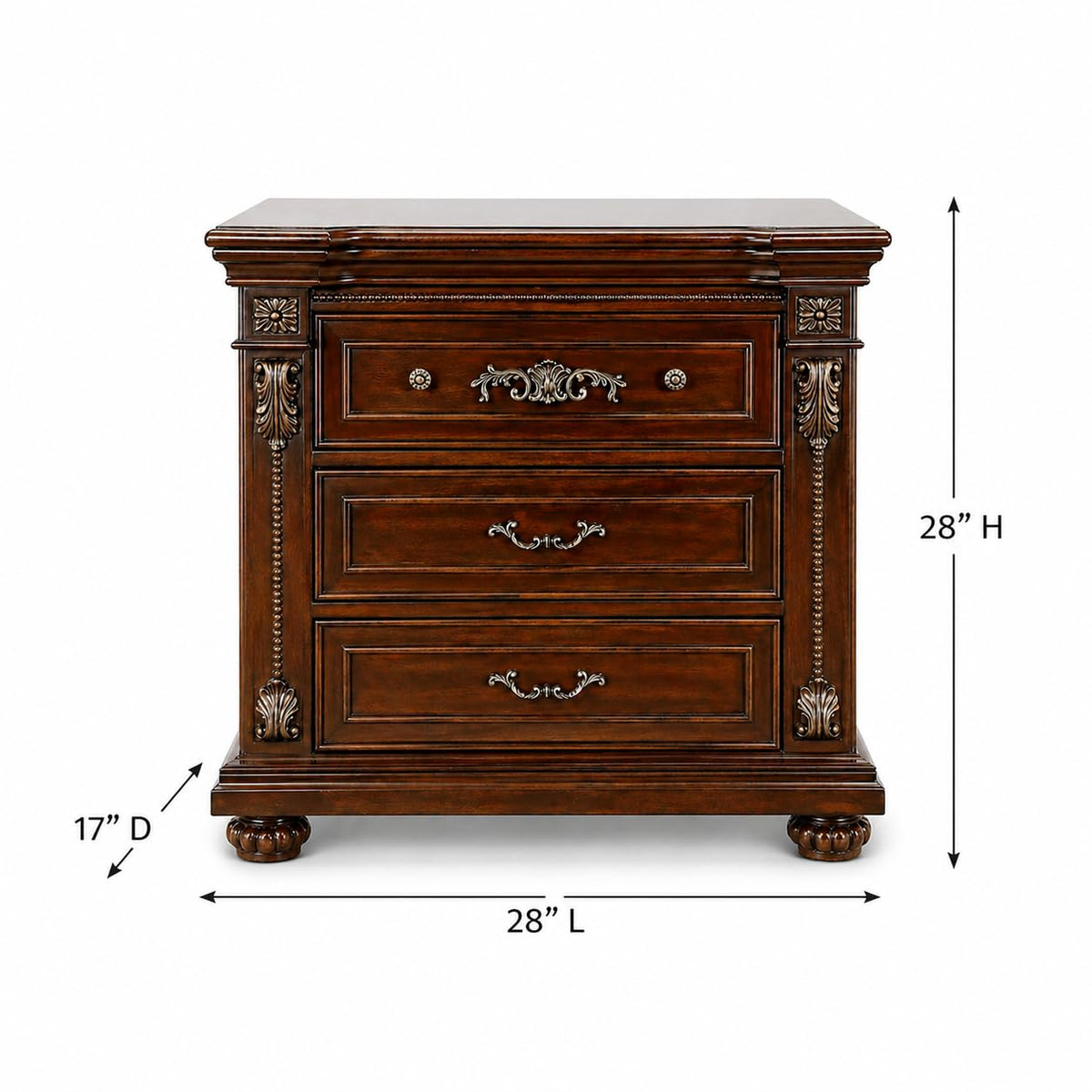 Isabella 3-Drawer Wood Nightstand in Cherry Oak — dimensions